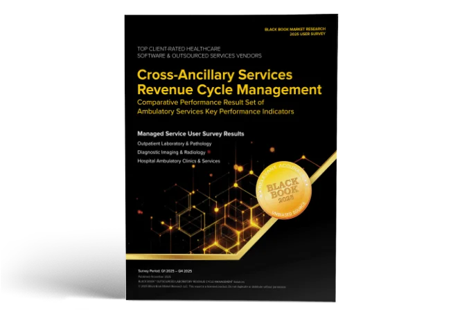 View of the White Paper opened and standing up with the title, 2025 Black Book Research Report: Top Client-Rated Ancillary RCM Solutions.