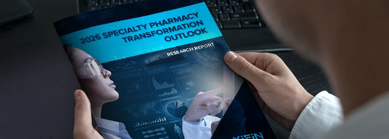 White paper visual of a report in somebodies hands, the cover page reads: 2026 Specialty Pharmacy Transformation Outlook Report