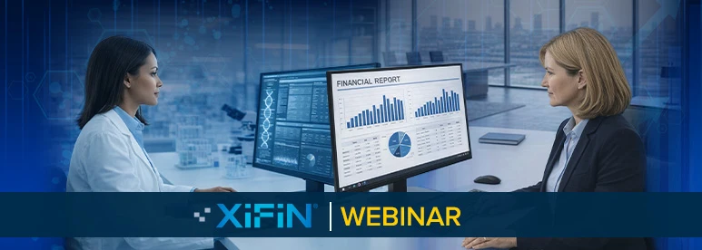 A pharmacist and Financier both facing computer screen showing complex data and how close in collaboration they are without each others knowledge. for the webinar titled Navigating the Clinical and Financial Complexities of MRD Testing