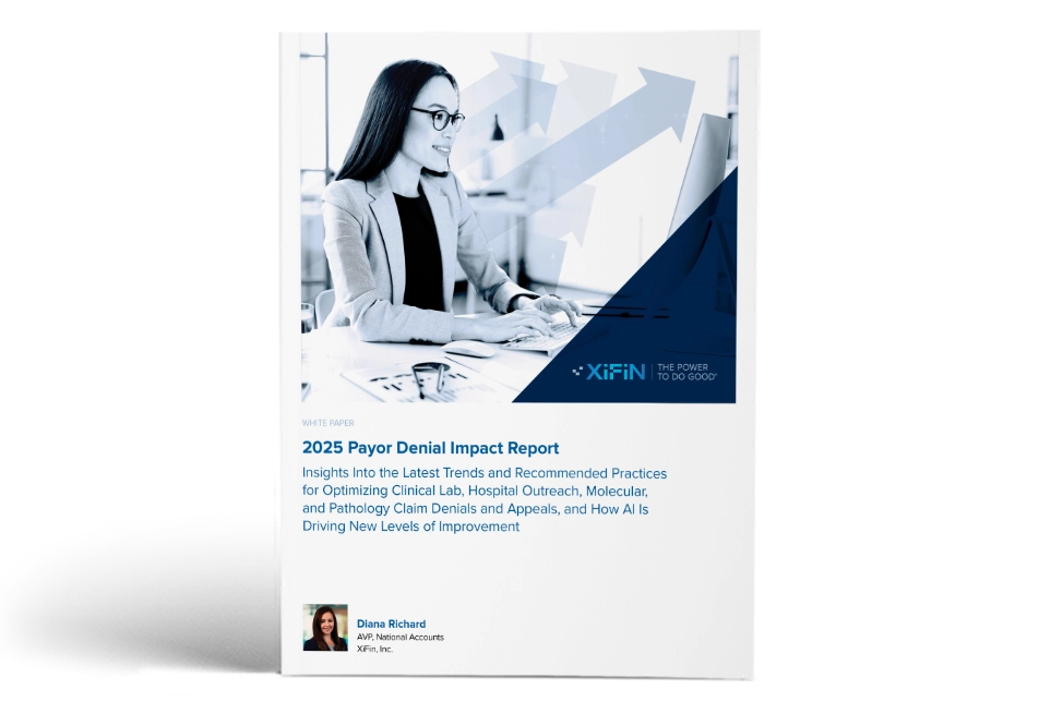 View of the White Paper opened and standing up with the title, 2025 Payor Denial Impact Report. Insights into the latest trends and recommended practices for optimizing clinical lab, hospital outreach, molecular, and pathology claim denials and appeals, and how AI is driving new levels of improvement.